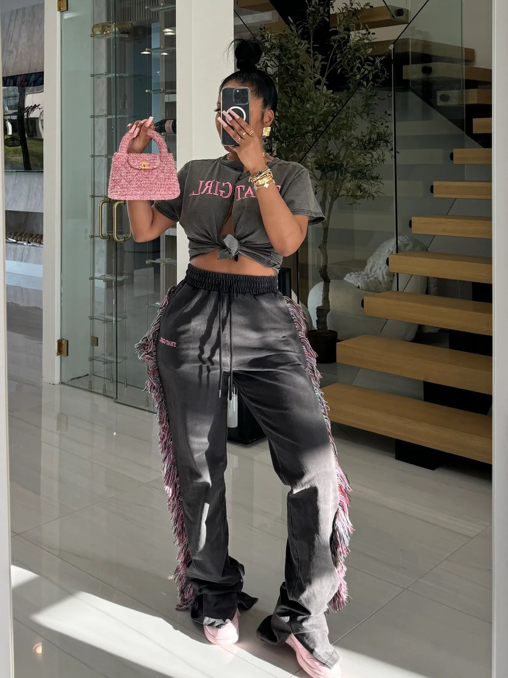2x Women’s Fringe-Trim Denim Jogger Pants with matching Outcast -Charcoal/Pink